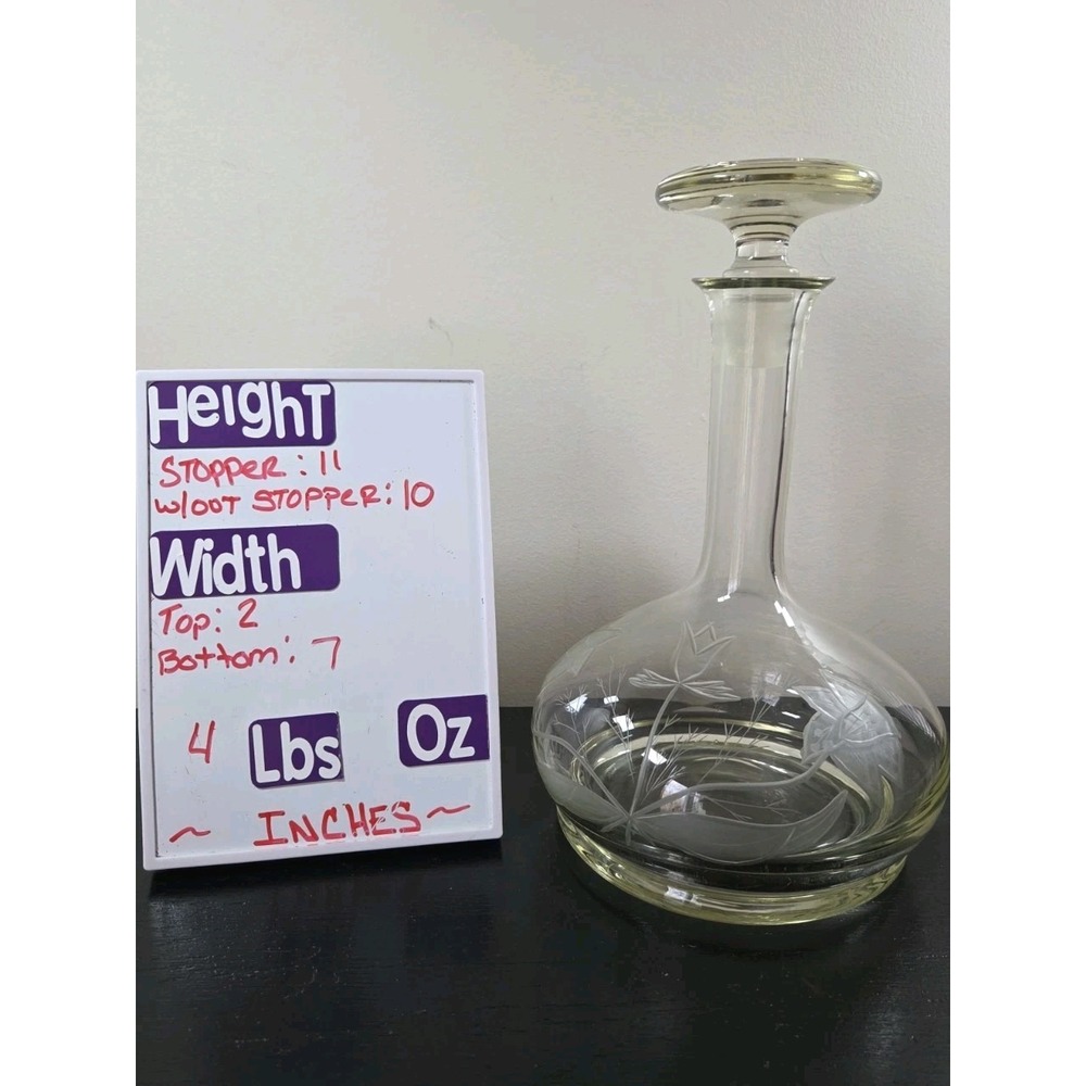 Vintage Wine Decanter MCM Glass W/Flower Etching Wide Bottom Bareware